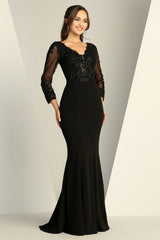Adora 3233 V-Neck Long Sleeve Open V-Back Mother of the Bride Dress