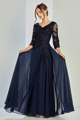 Adora 3247-03 V Neckline 3/4 Sleeves Beaded Lace Bodice Mother of the Bride Dress