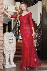 Adora 3328-03 Sweetheart Long Sleeves Open V-Back Mother of the Bride Dress
