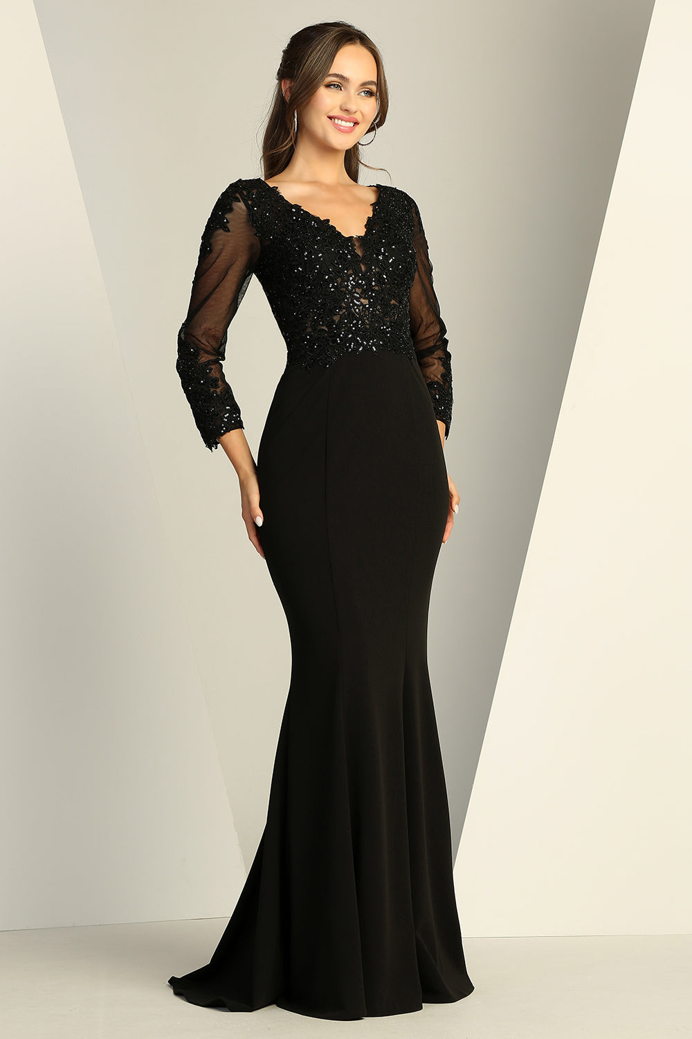 Adora 3233 V-Neck Long Sleeve Open V-Back Mother of the Bride Dress