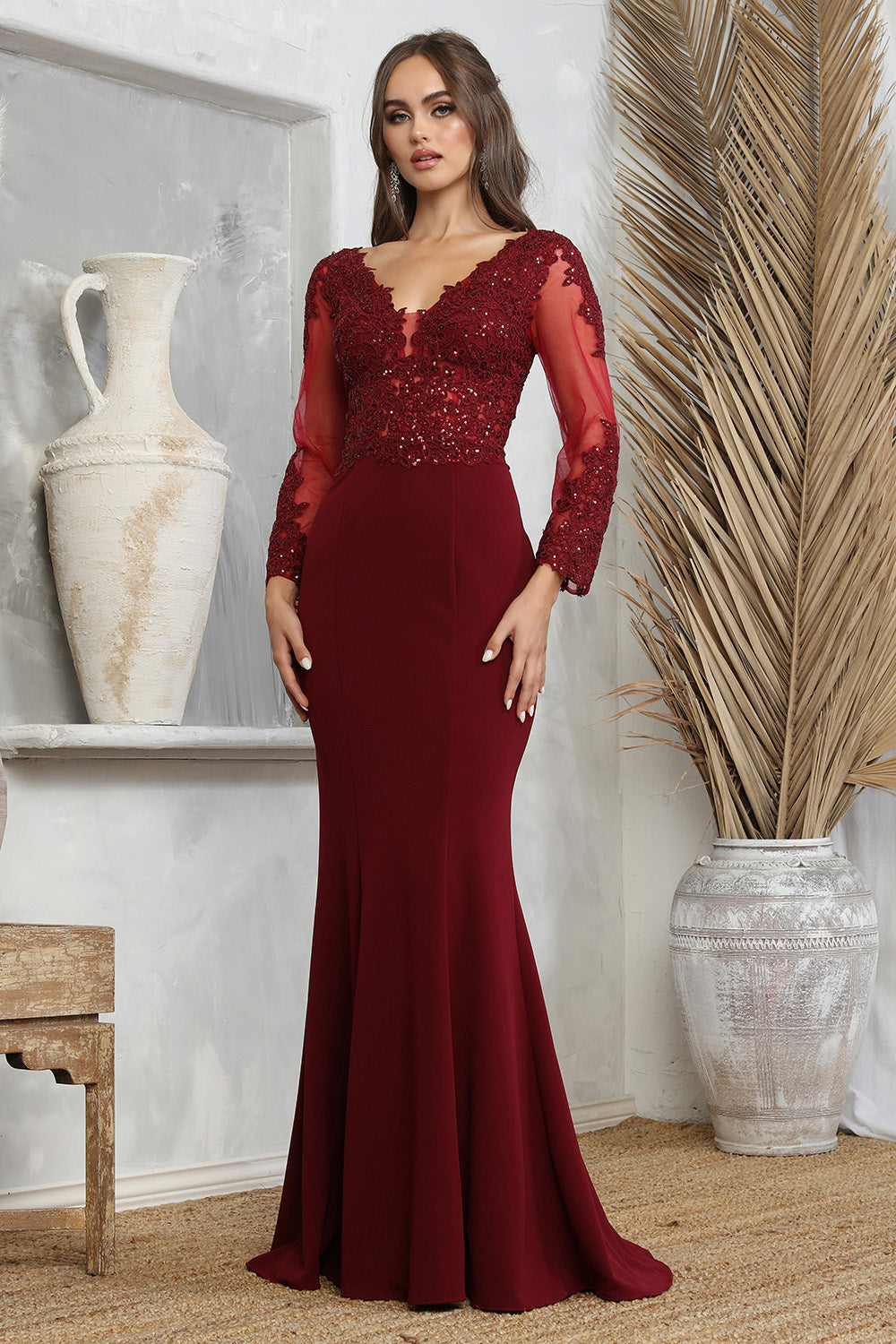 Adora 3233 V-Neck Long Sleeve Open V-Back Mother of the Bride Dress