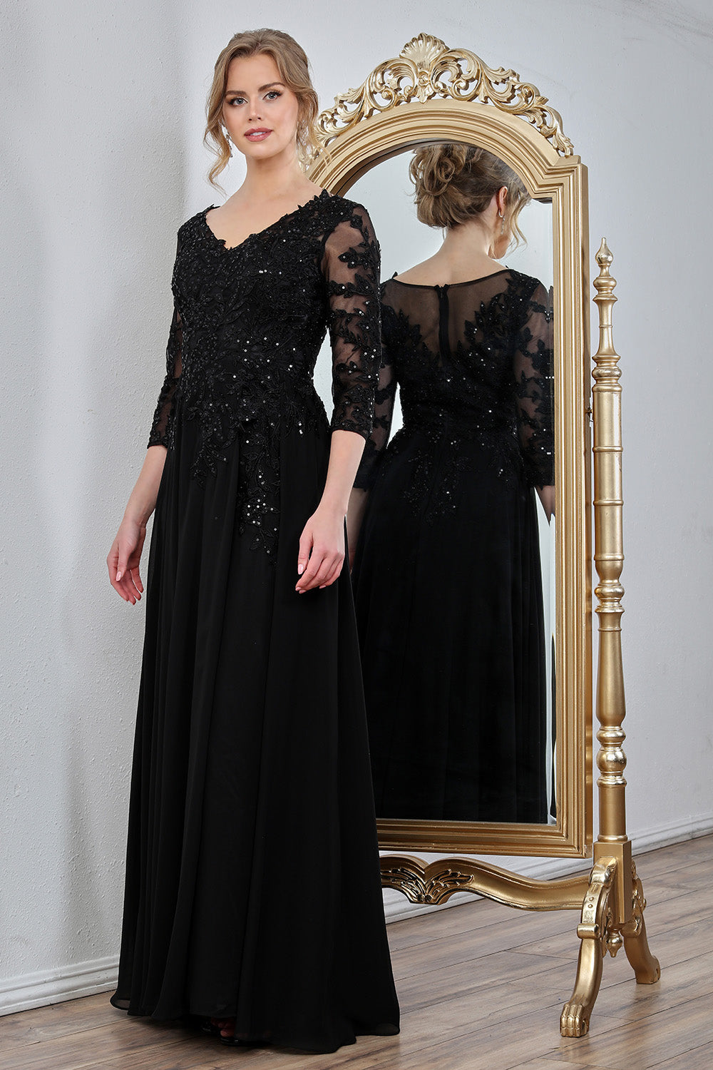 Adora 3247-03 V Neckline 3/4 Sleeves Beaded Lace Bodice Mother of the Bride Dress