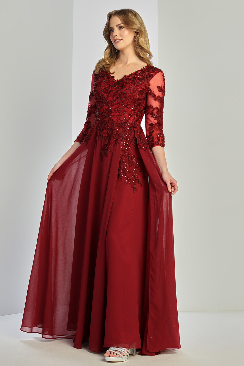Adora 3247-03 V Neckline 3/4 Sleeves Beaded Lace Bodice Mother of the Bride Dress