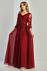 Adora 3247-03 V Neckline 3/4 Sleeves Beaded Lace Bodice Mother of the Bride Dress