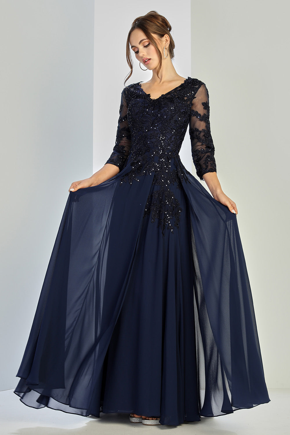 Adora 3247-03 V Neckline 3/4 Sleeves Beaded Lace Bodice Mother of the Bride Dress