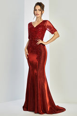 Adora 3252-03 V-Neck Short Sleeve Beaded Lace Bodice Mother of the Bride Dress