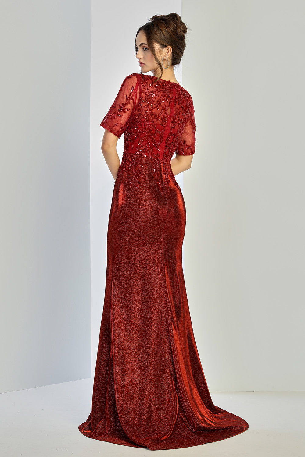 Adora 3252-03 V-Neck Short Sleeve Beaded Lace Bodice Mother of the Bride Dress