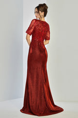 Adora 3252-03 V-Neck Short Sleeve Beaded Lace Bodice Mother of the Bride Dress