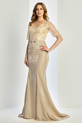 Adora 3252-03 V-Neck Short Sleeve Beaded Lace Bodice Mother of the Bride Dress