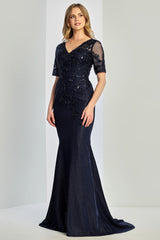 Adora 3252-03 V-Neck Short Sleeve Beaded Lace Bodice Mother of the Bride Dress