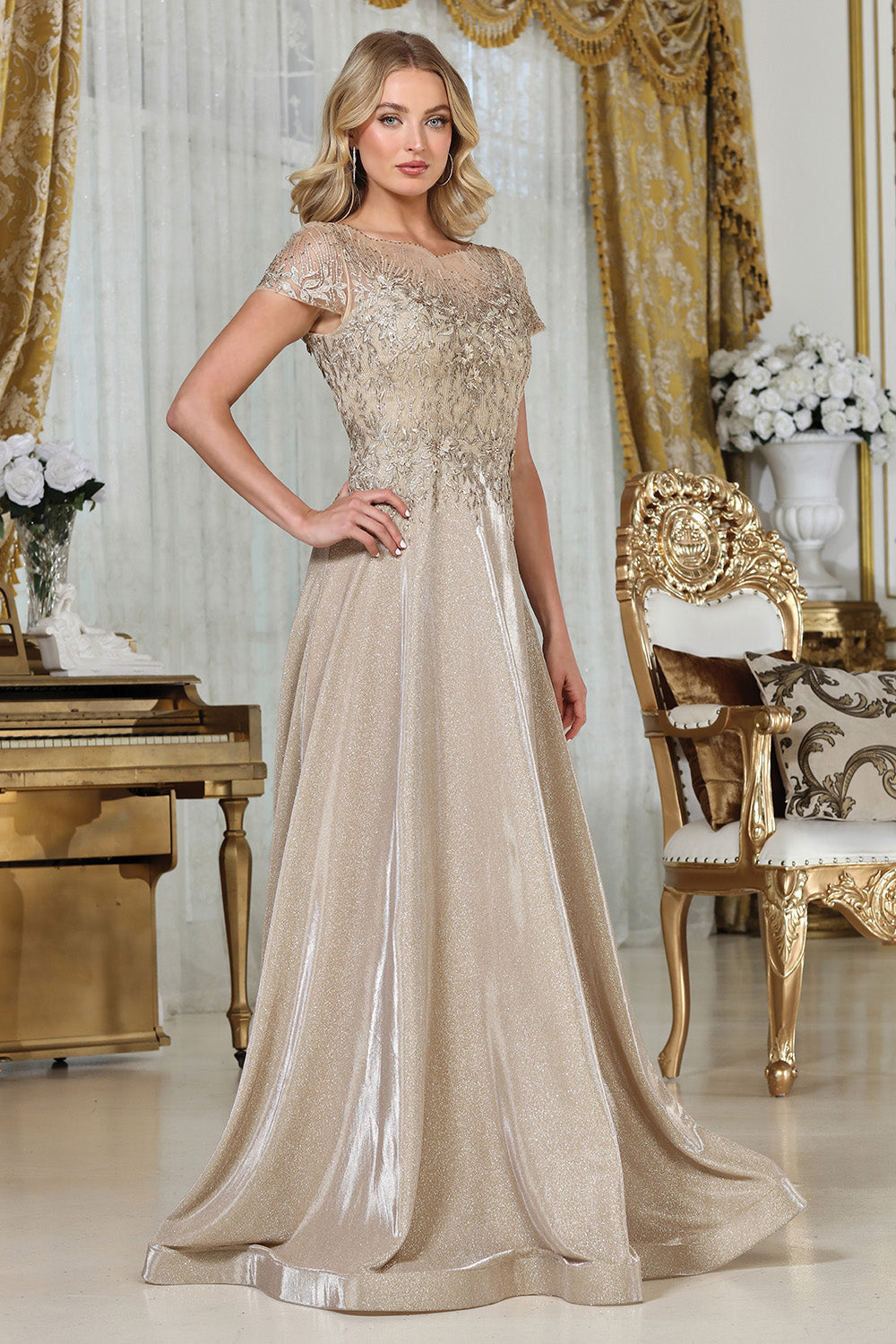 Adora 3316-03 Illusion Scoop Neckline Cap Sleeves A-Line Mother of the Bride Dress