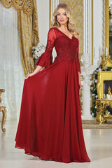 Adora 3317-03 V-Neck 3/4 Sleeve Beaded Lace Bodice Mother of the Bride Dress