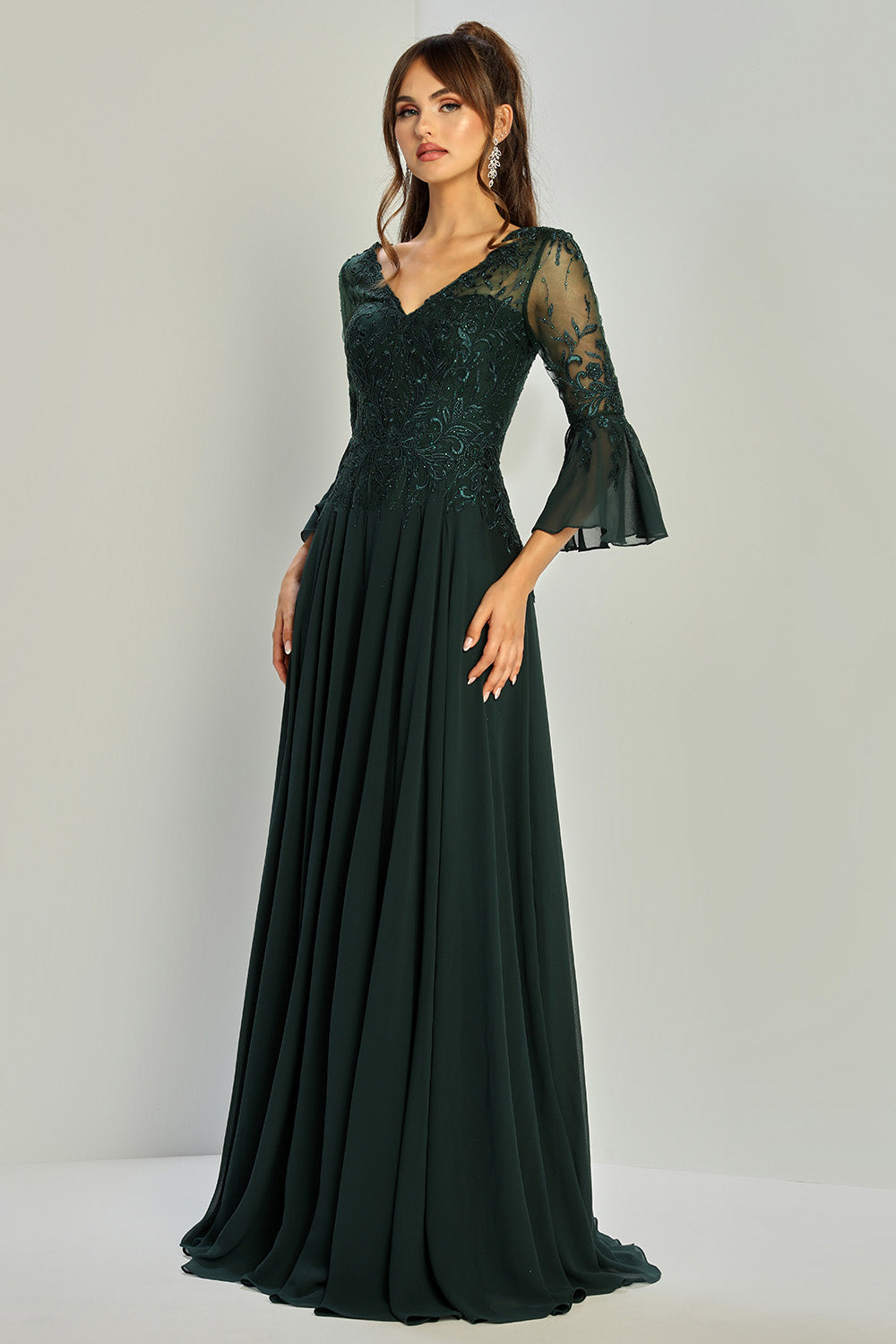 Adora 3317-03 V-Neck 3/4 Sleeve Beaded Lace Bodice Mother of the Bride Dress