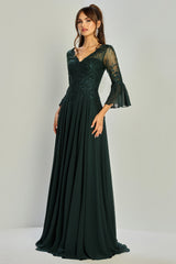Adora 3317-03 V-Neck 3/4 Sleeve Beaded Lace Bodice Mother of the Bride Dress