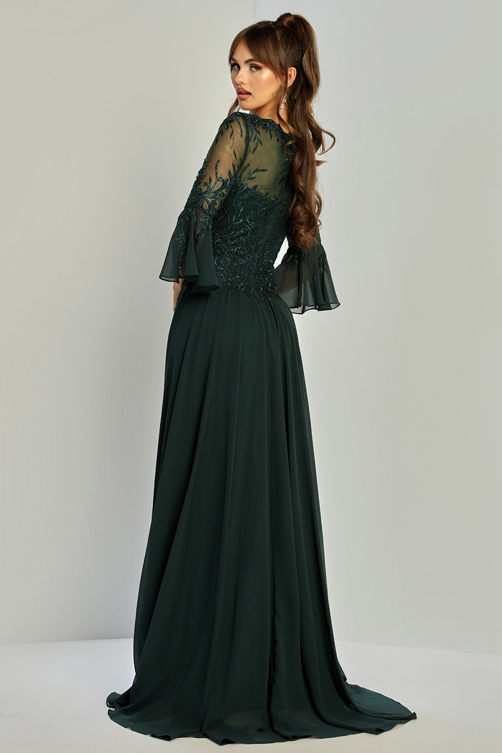 Adora 3317-03 V-Neck 3/4 Sleeve Beaded Lace Bodice Mother of the Bride Dress