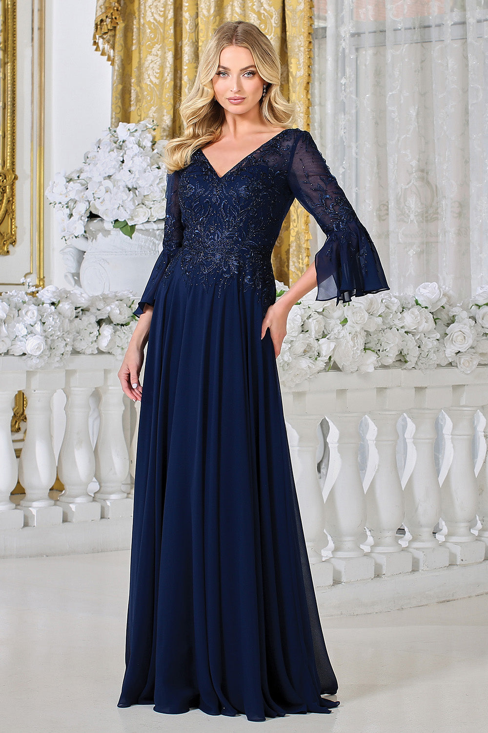 Adora 3317-03 V-Neck 3/4 Sleeve Beaded Lace Bodice Mother of the Bride Dress