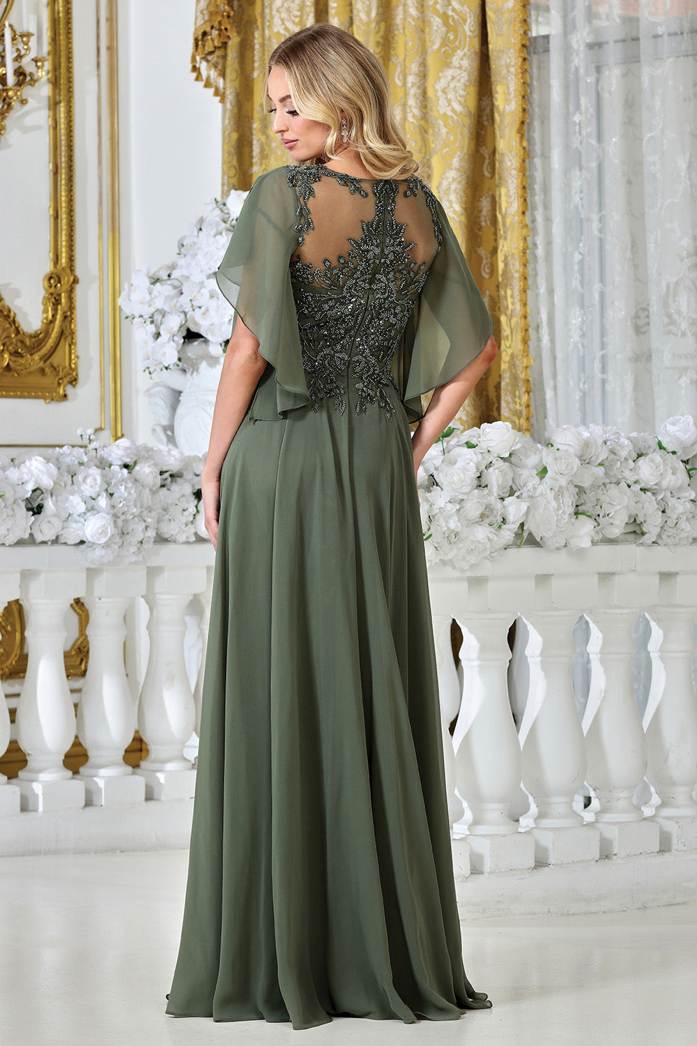 Adora 3318-03 V Neckline Flutter Sleeve Beaded Bodice Mother of the Bride Dress