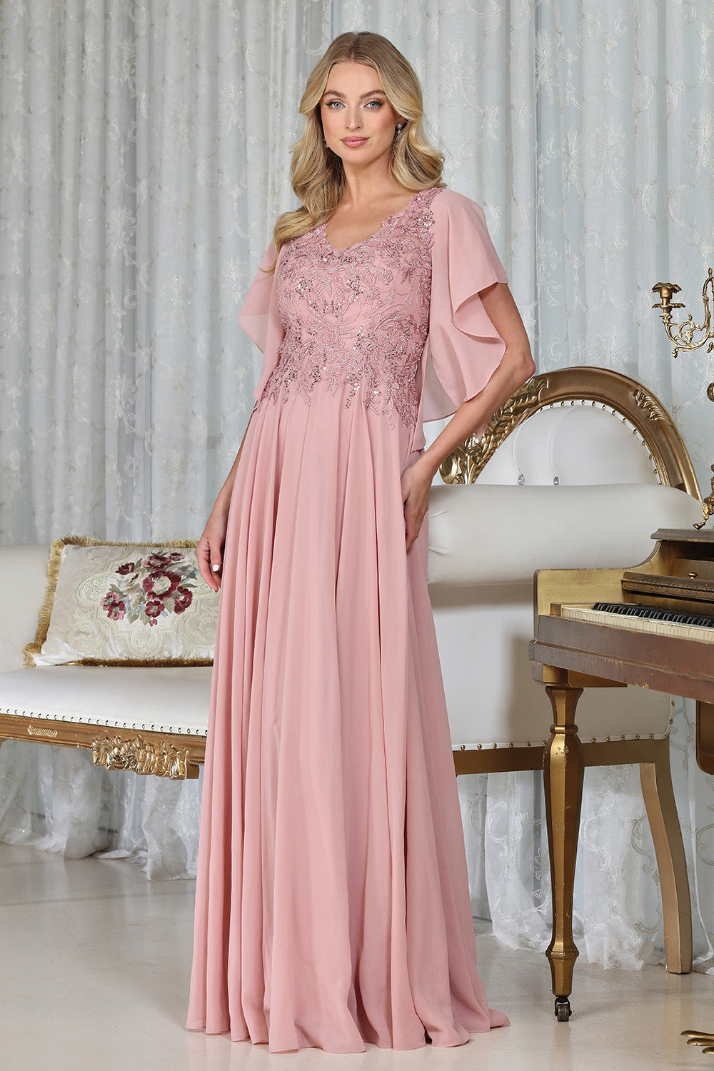 Adora 3318-03 V Neckline Flutter Sleeve Beaded Bodice Mother of the Bride Dress
