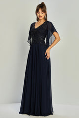 Adora 3318-03 V Neckline Flutter Sleeve Beaded Bodice Mother of the Bride Dress