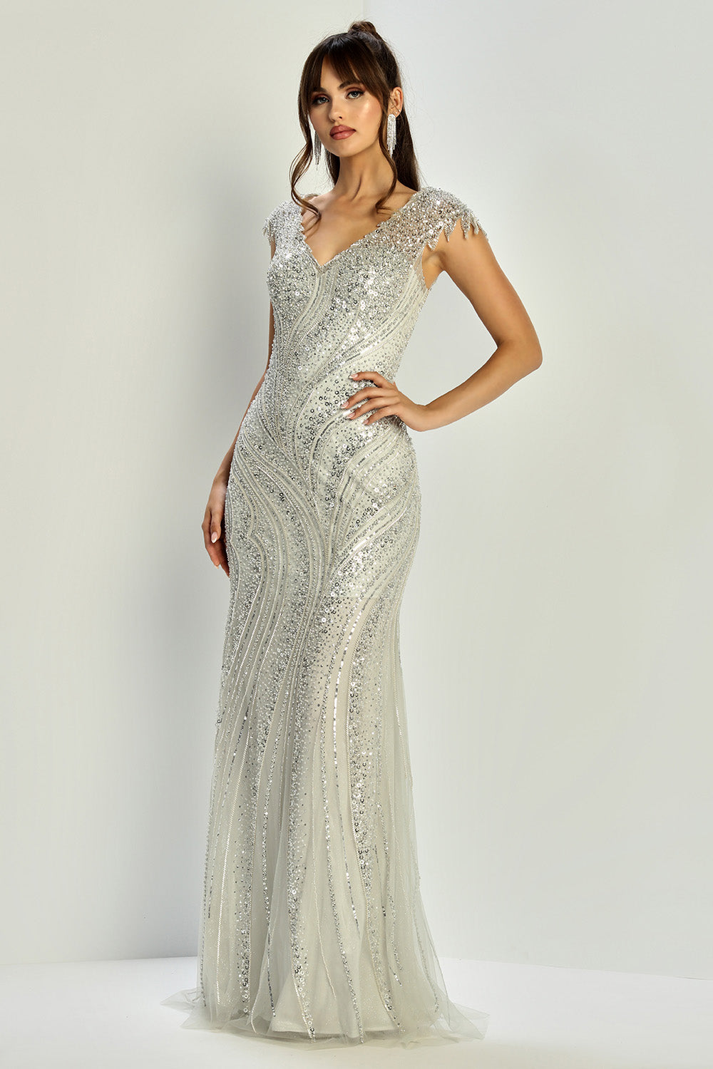 Adora 3332-03 V-Neck Cap Sleeve Beaded Mother of the Bride Dress