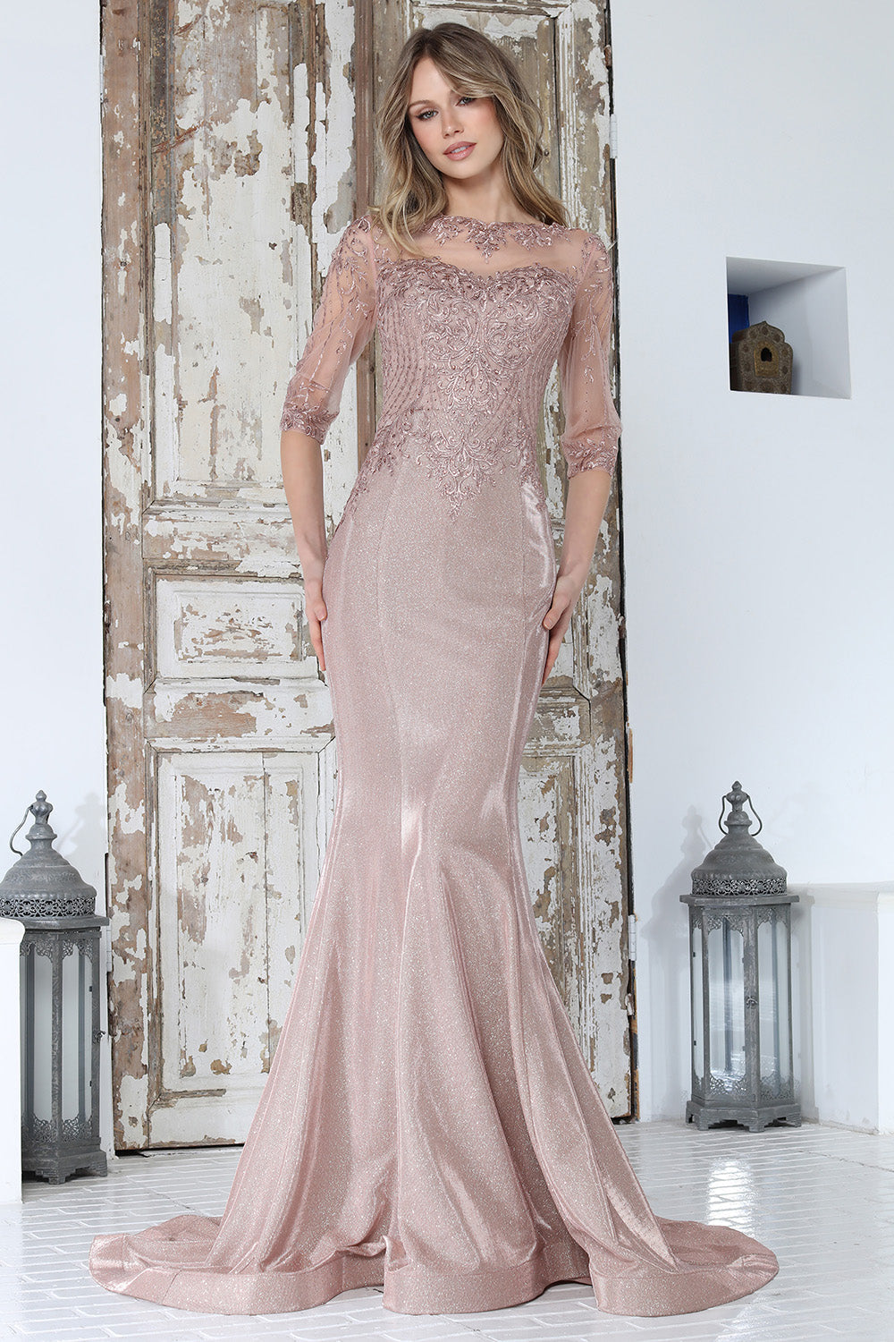 Adora 3354-03 Boat Neckline Three-Quarter Sleeve Sheath Mother of the Bride Dress