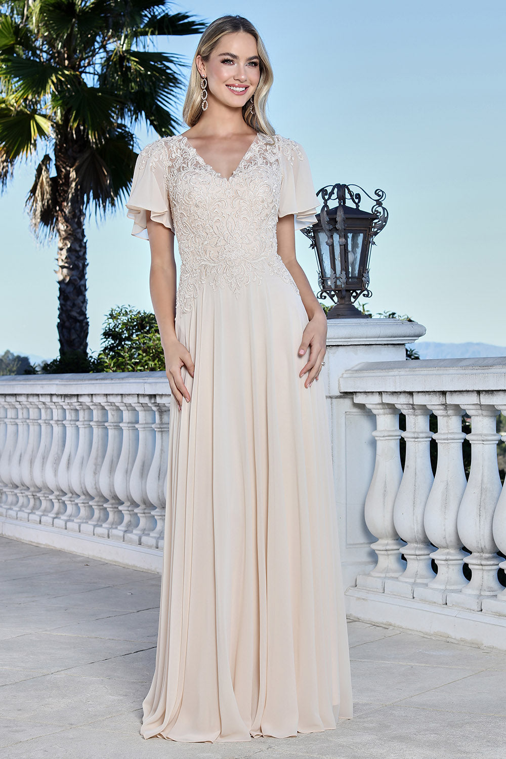 Adora 3356-03 V-Neck Ruffled Flutter Sleeve Built-In Bra Mother of the Bride Dress