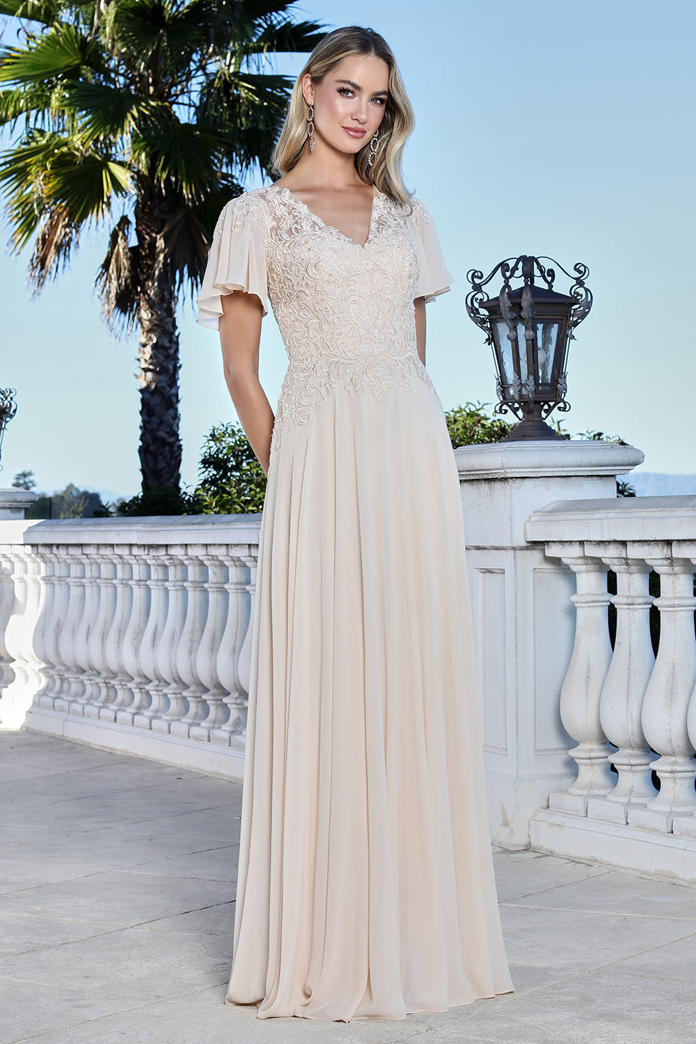 Adora 3356-03 V-Neck Ruffled Flutter Sleeve Built-In Bra Mother of the Bride Dress