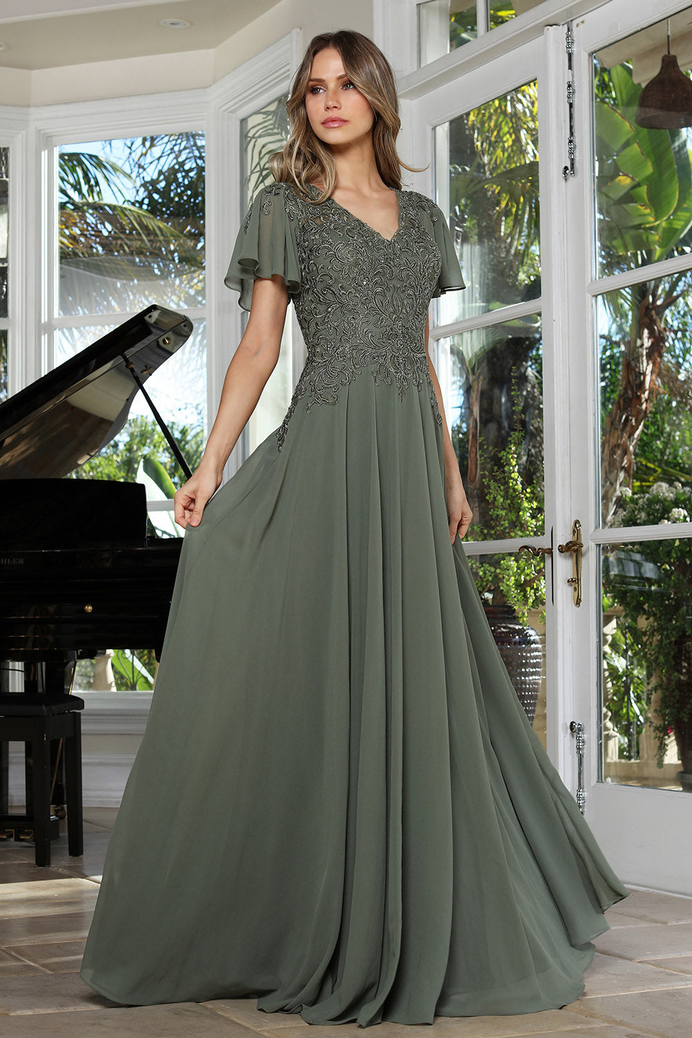 Adora 3356-03 V-Neck Ruffled Flutter Sleeve Built-In Bra Mother of the Bride Dress