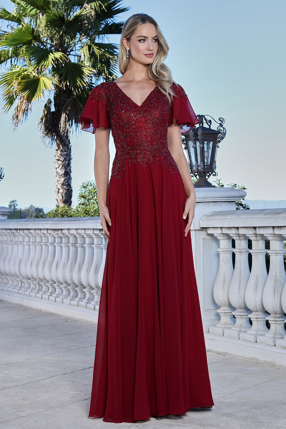 Adora 3356-03 V-Neck Ruffled Flutter Sleeve Built-In Bra Mother of the Bride Dress