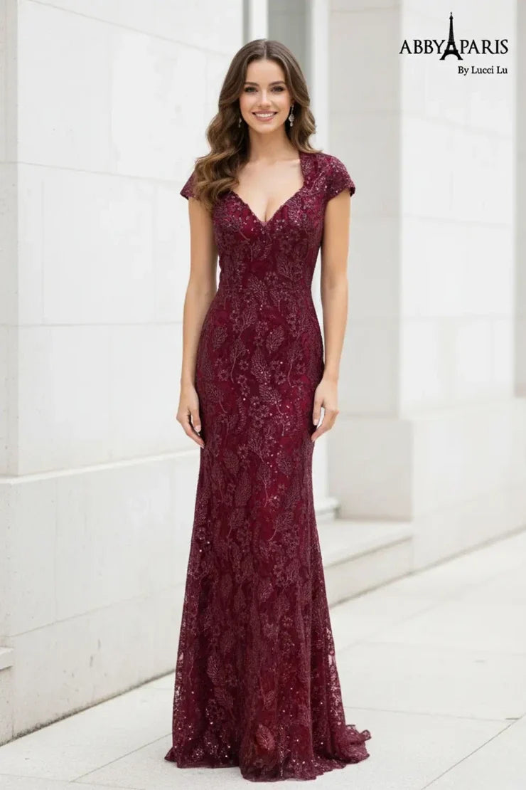 Abby Paris 96096 Sequined Floral Lace Sheath Gown